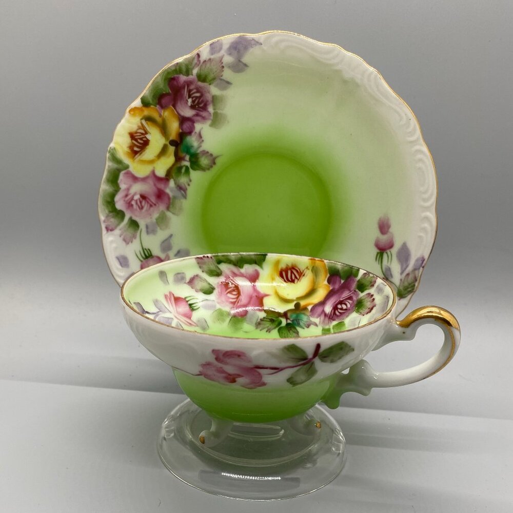 Silver Occupied Japan Hand Painted Rose Bouquet 3 Footed Cup Saucer with Stand